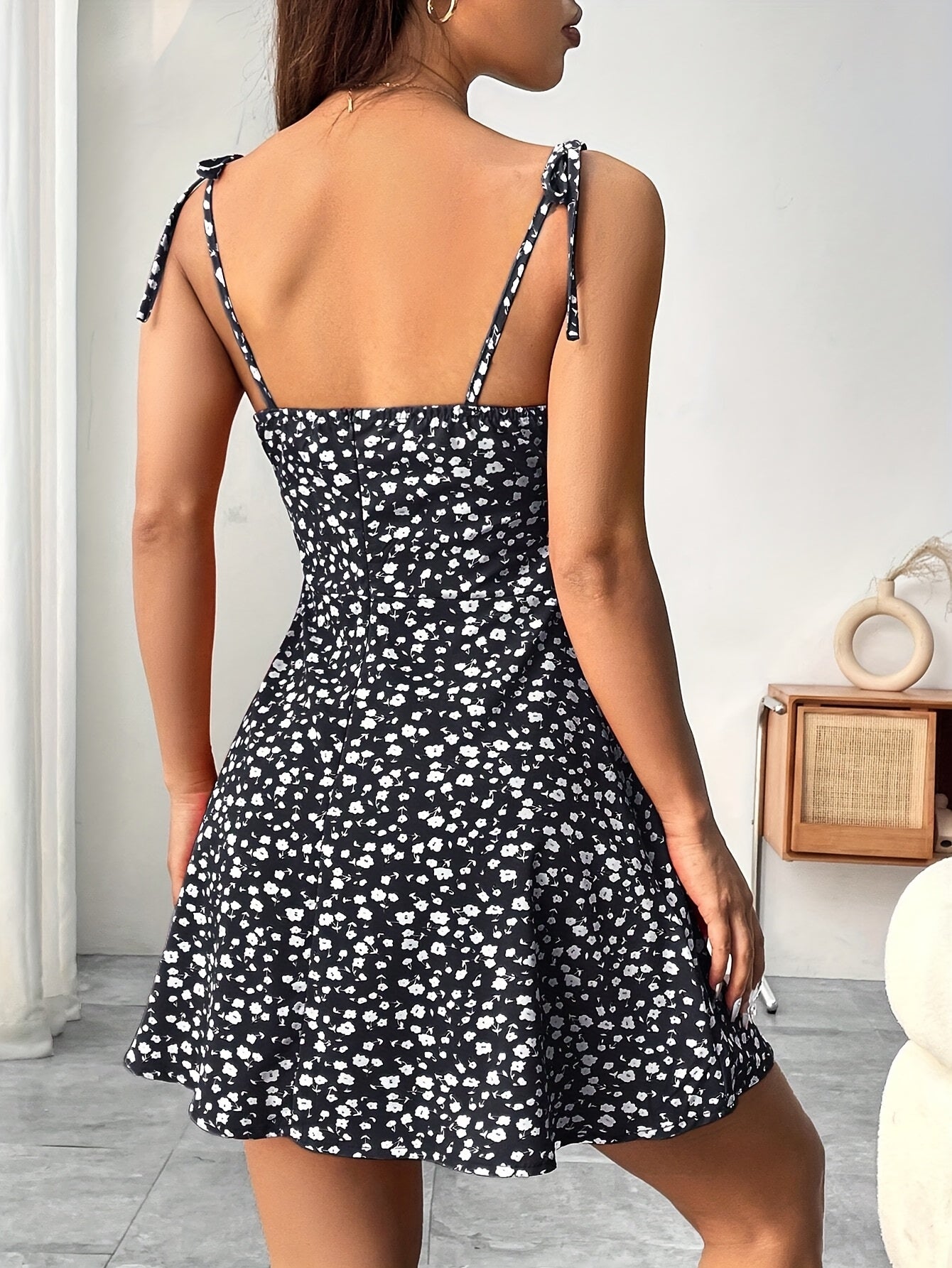 Women's Floral Print Sleeveless A-Line Dress - Black & White Flower Vacation Style with Adjustable Tie Shoulders, Polyester, Spring/Summer Collection, Floral Dress